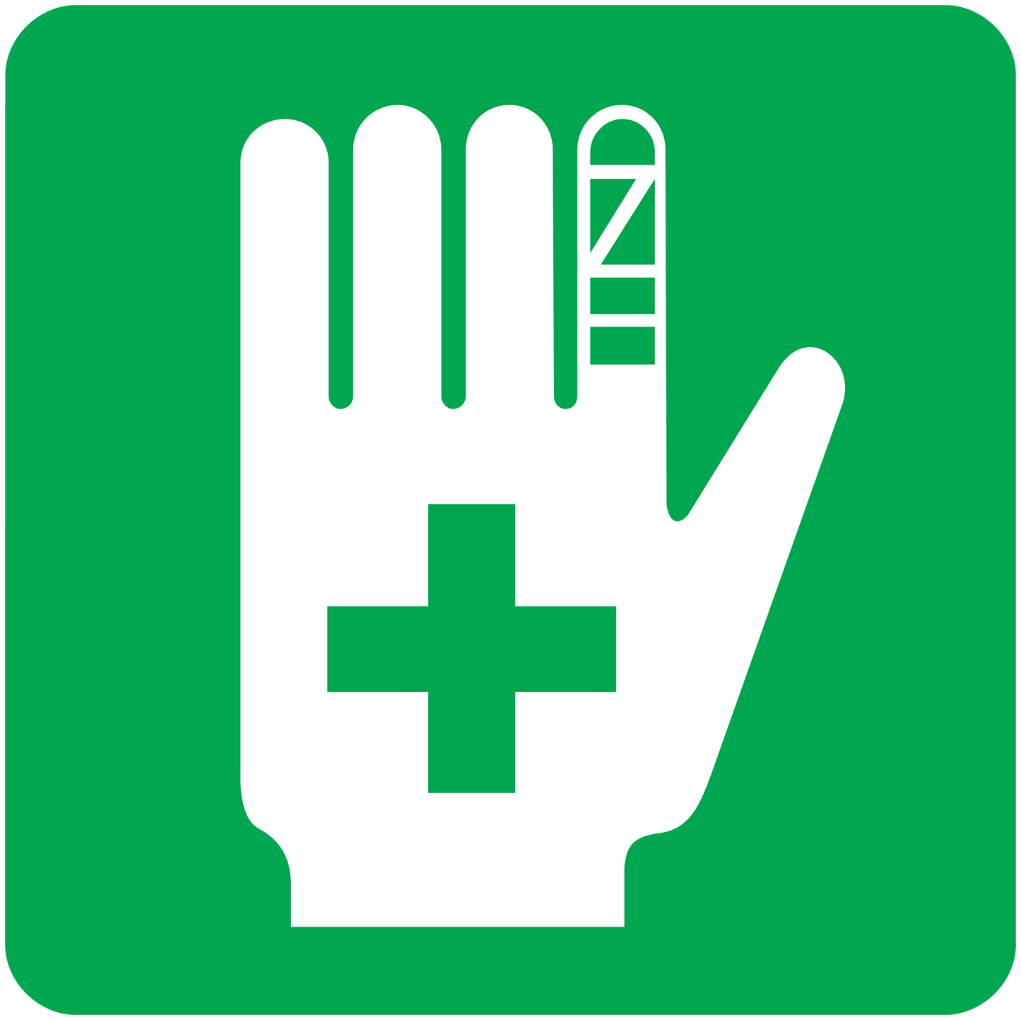 First aid hand sticker, green square with white hand and green cross symbol