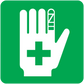 First aid hand sticker, green square with white hand and green cross symbol