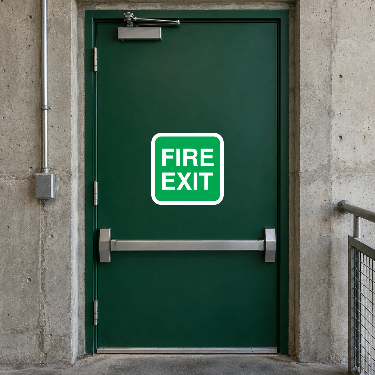 Green fire exit sticker with white text reading “FIRE EXIT” in a rounded rectangle