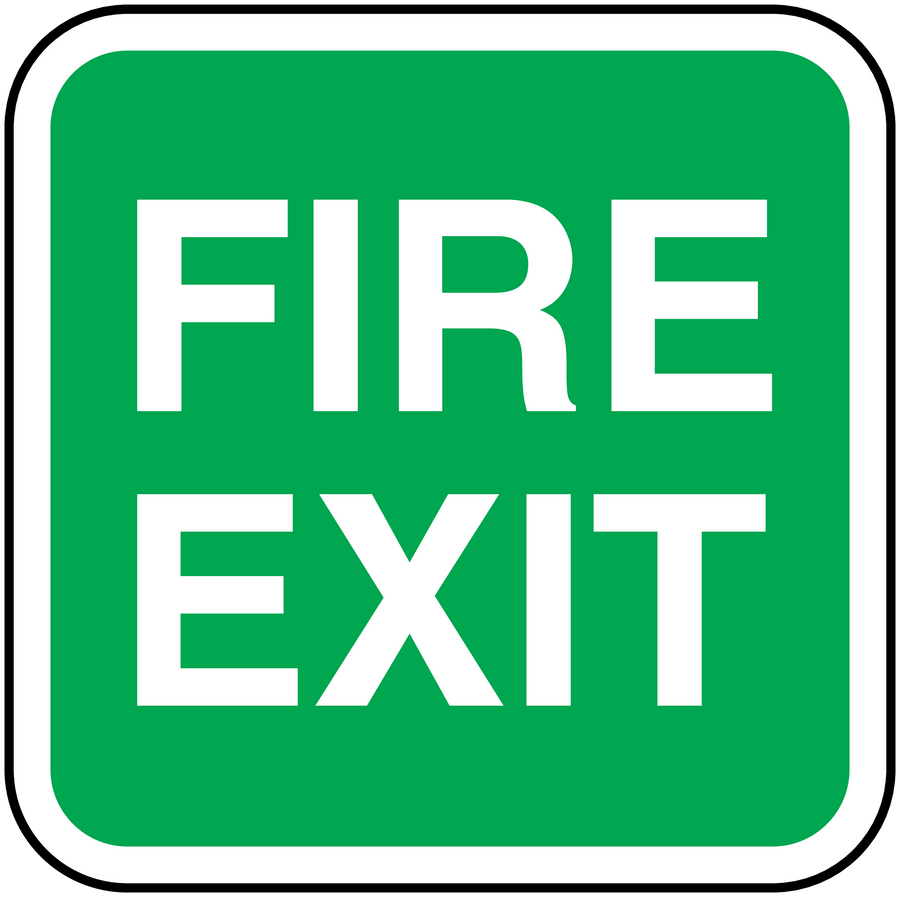 Green fire exit sign sticker with white “FIRE EXIT” text inside a rounded border