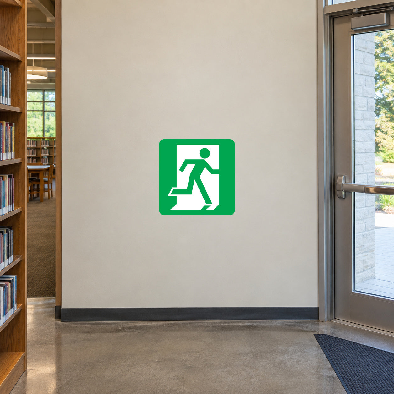 Emergency door safety sticker: green square with white running person icon and arrow