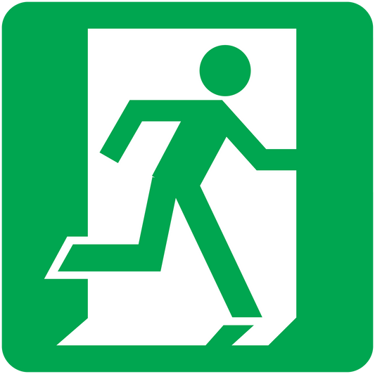 Emergency door sticker with green running figure and exit arrow symbol on white