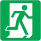 Emergency door sticker with green running figure and exit arrow symbol on white