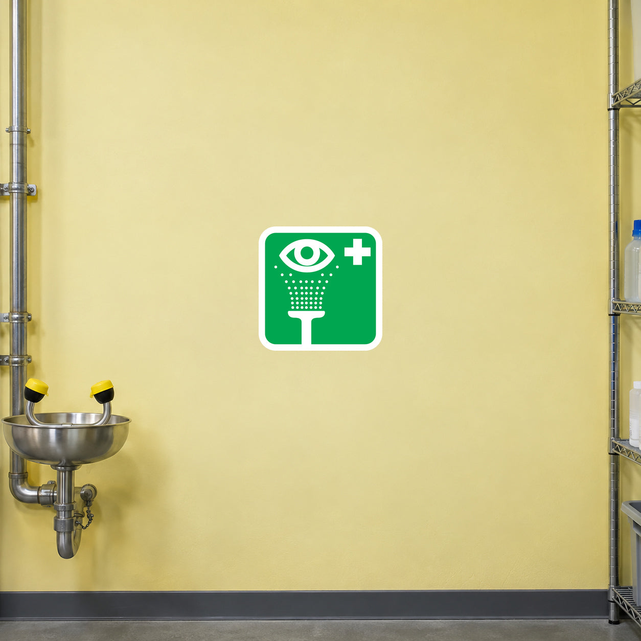 Eye wash sticker, green square with white eye-and-plus symbol