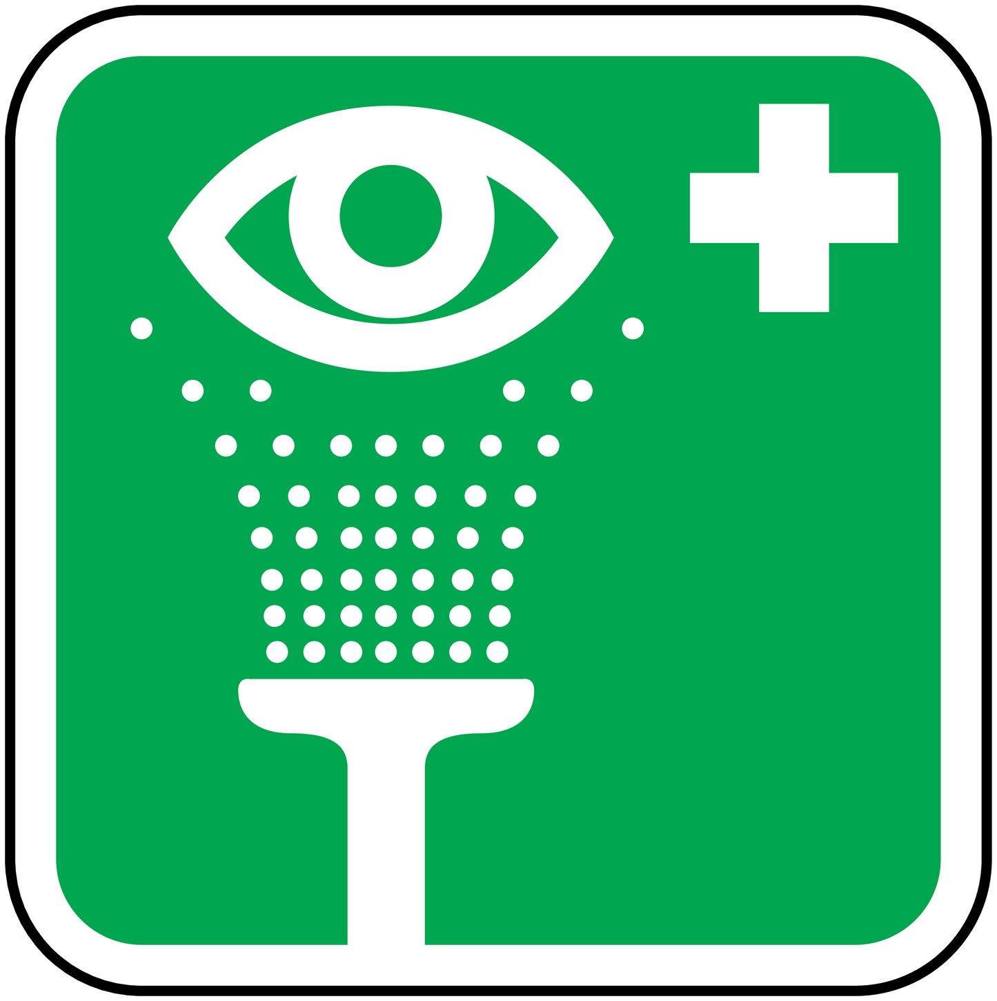 Green square eye wash sticker with white eye icon, cross symbol, and droplets pattern