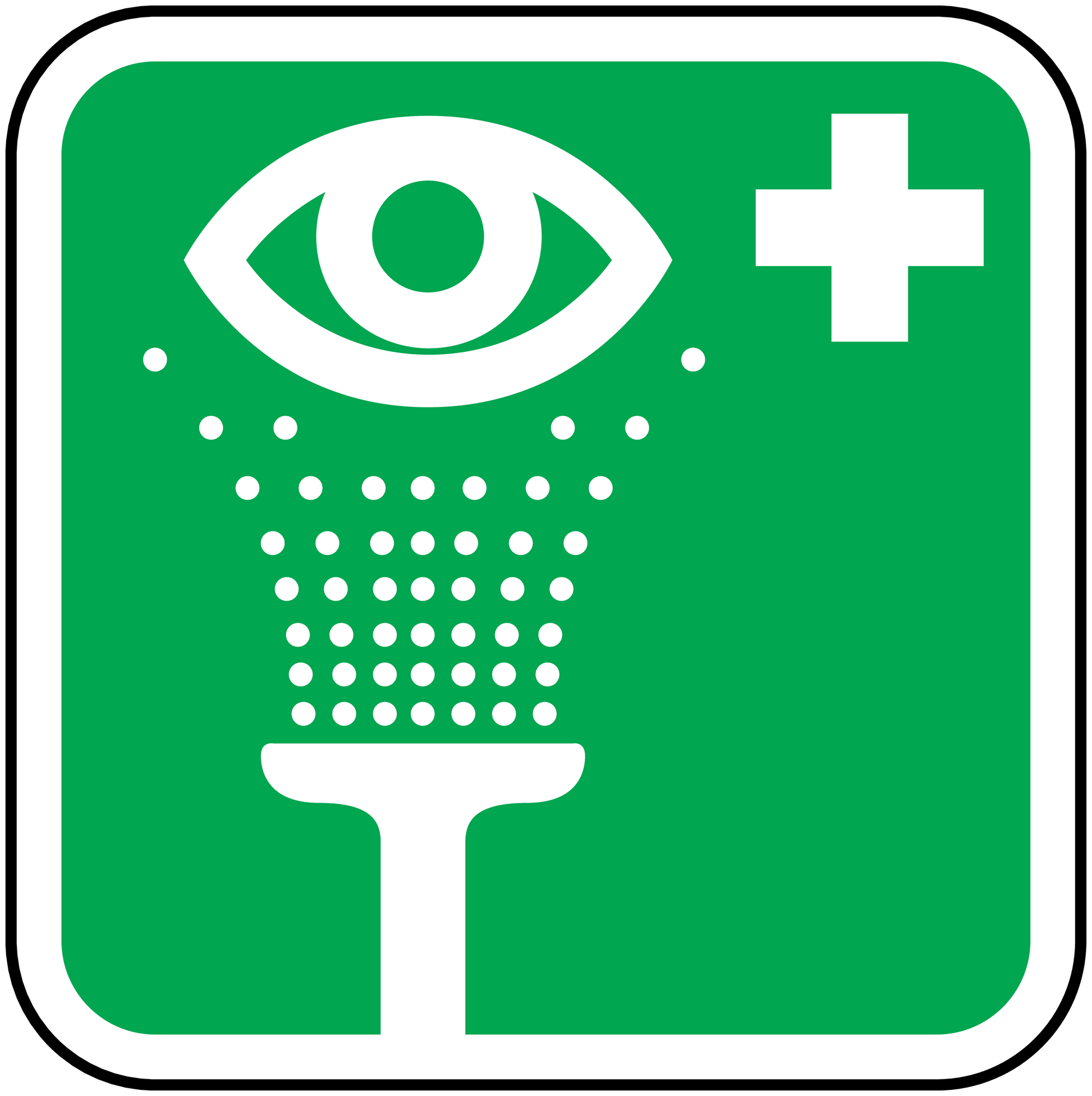Green square eye wash sticker with white eye icon, cross symbol, and droplets pattern