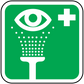 Green square eye wash sticker with white eye icon, cross symbol, and droplets pattern