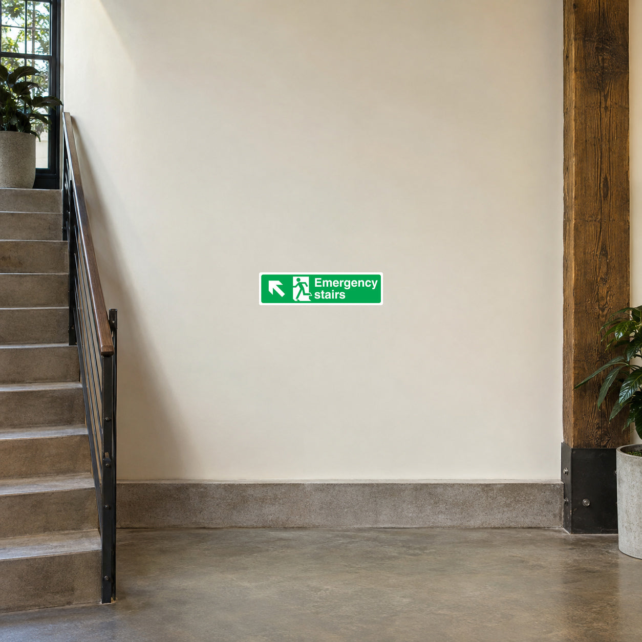 Emergency stairs down sign sticker, green with arrow and running figure icon