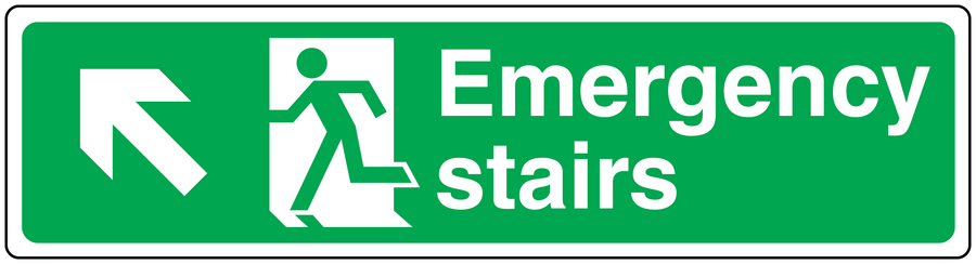 Emergency stairs down safety sticker sign with white border, text, arrow, and runner icon