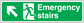 Emergency stairs down safety sticker sign with white border, text, arrow, and runner icon