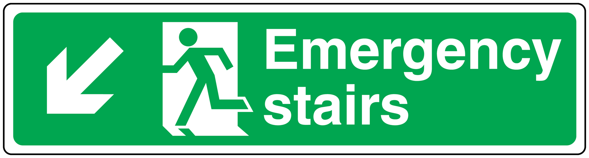 Green emergency stairs sticker with white running person and arrow icon