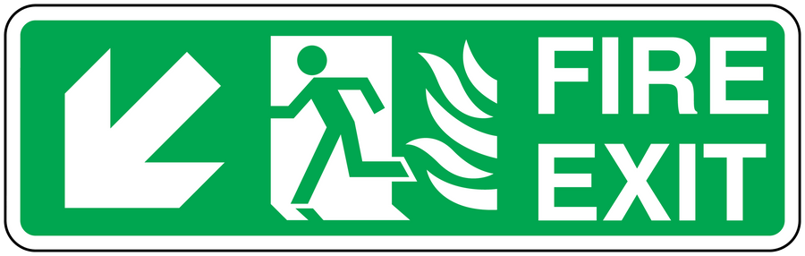 Fire exit down sticker with green sign, running figure, flame FIRE EXIT text