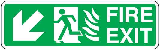 Fire exit down sticker with green sign, running figure, flame FIRE EXIT text