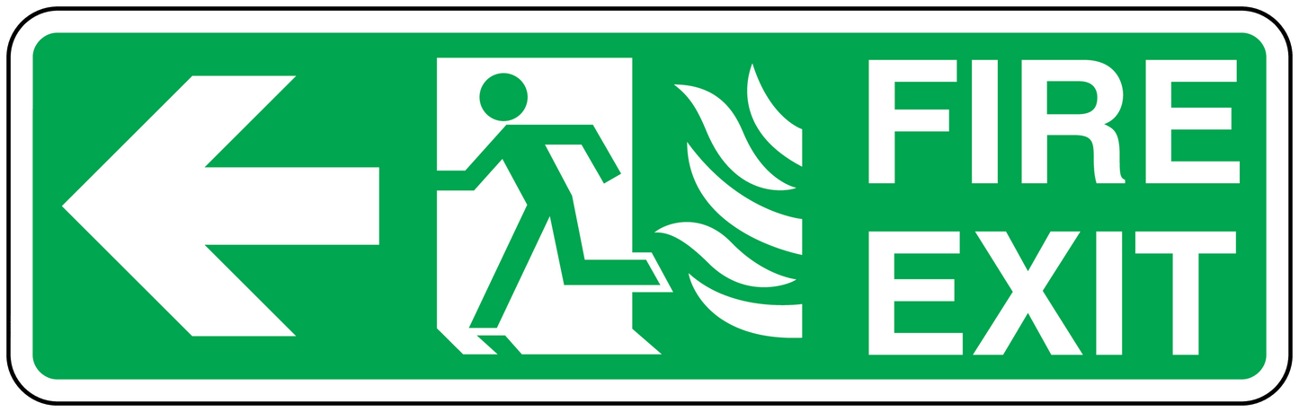 Green fire exit sticker with left arrow, running figure, and FIRE EXIT text