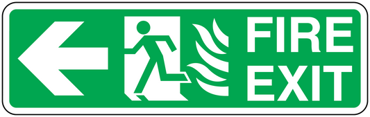 Green fire exit sticker with left arrow, running figure, and FIRE EXIT text