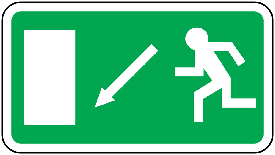Emergency exit down direction sticker, green with white running figure and arrows