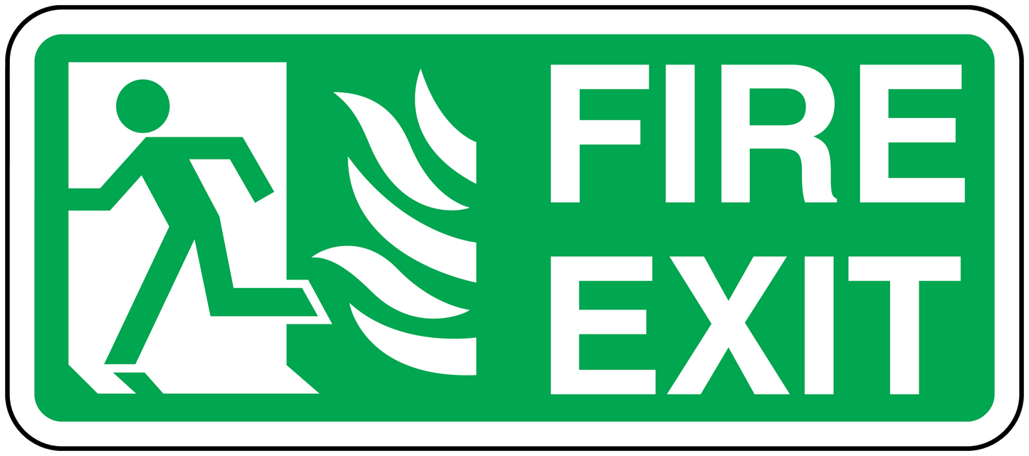 Green fire exit sticker with running figure, arrow, and white 'FIRE EXIT' text