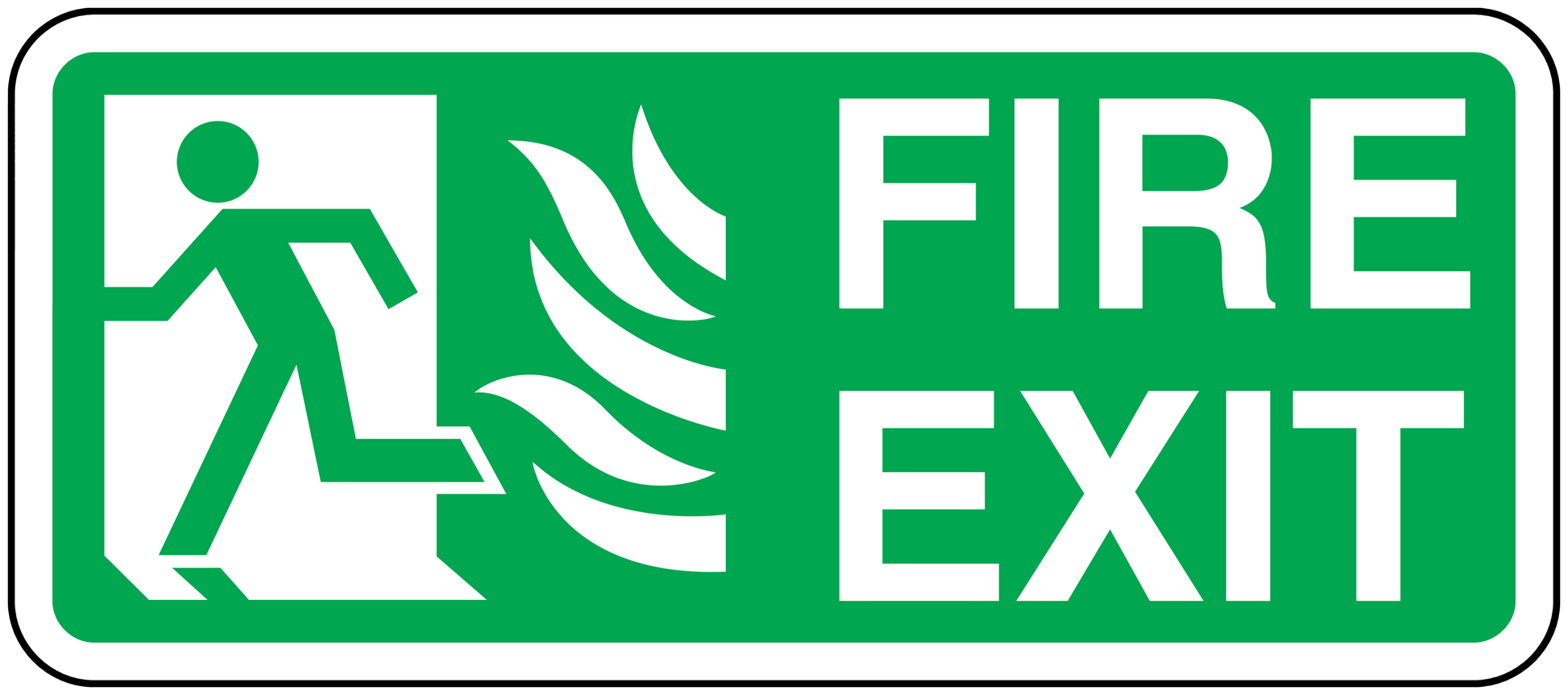 Green fire exit sticker with running figure, arrow, and white 'FIRE EXIT' text