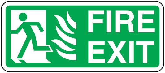 Green fire exit sticker with running figure, arrow, and white 'FIRE EXIT' text
