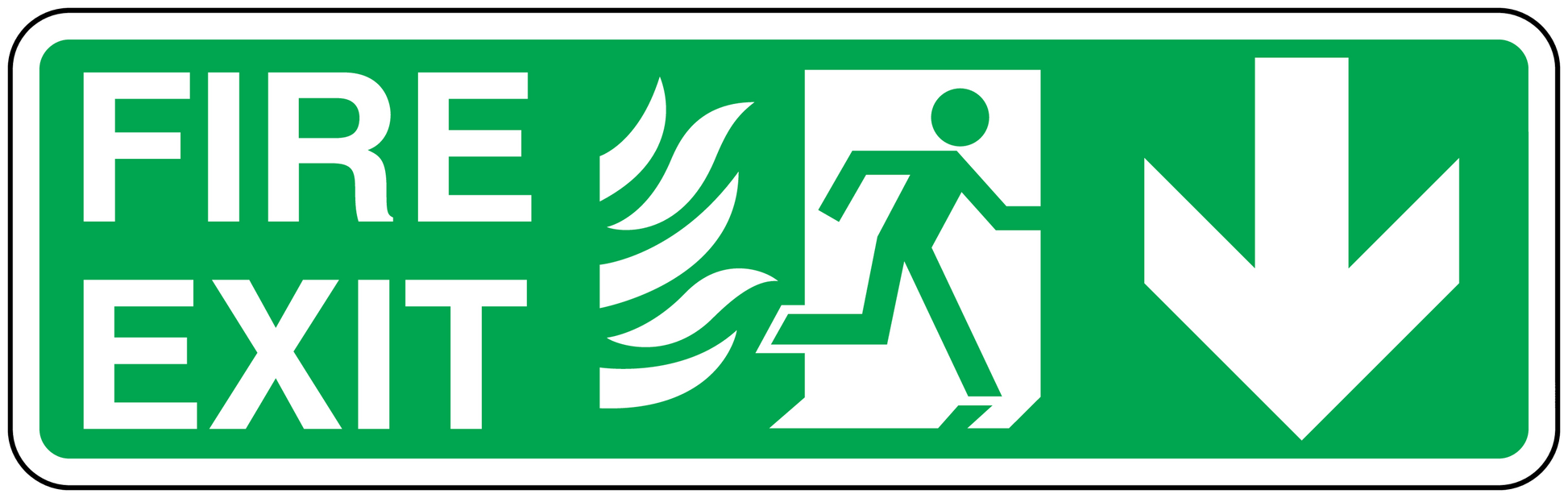 Green fire exit down safety sticker with running figure and downward arrow