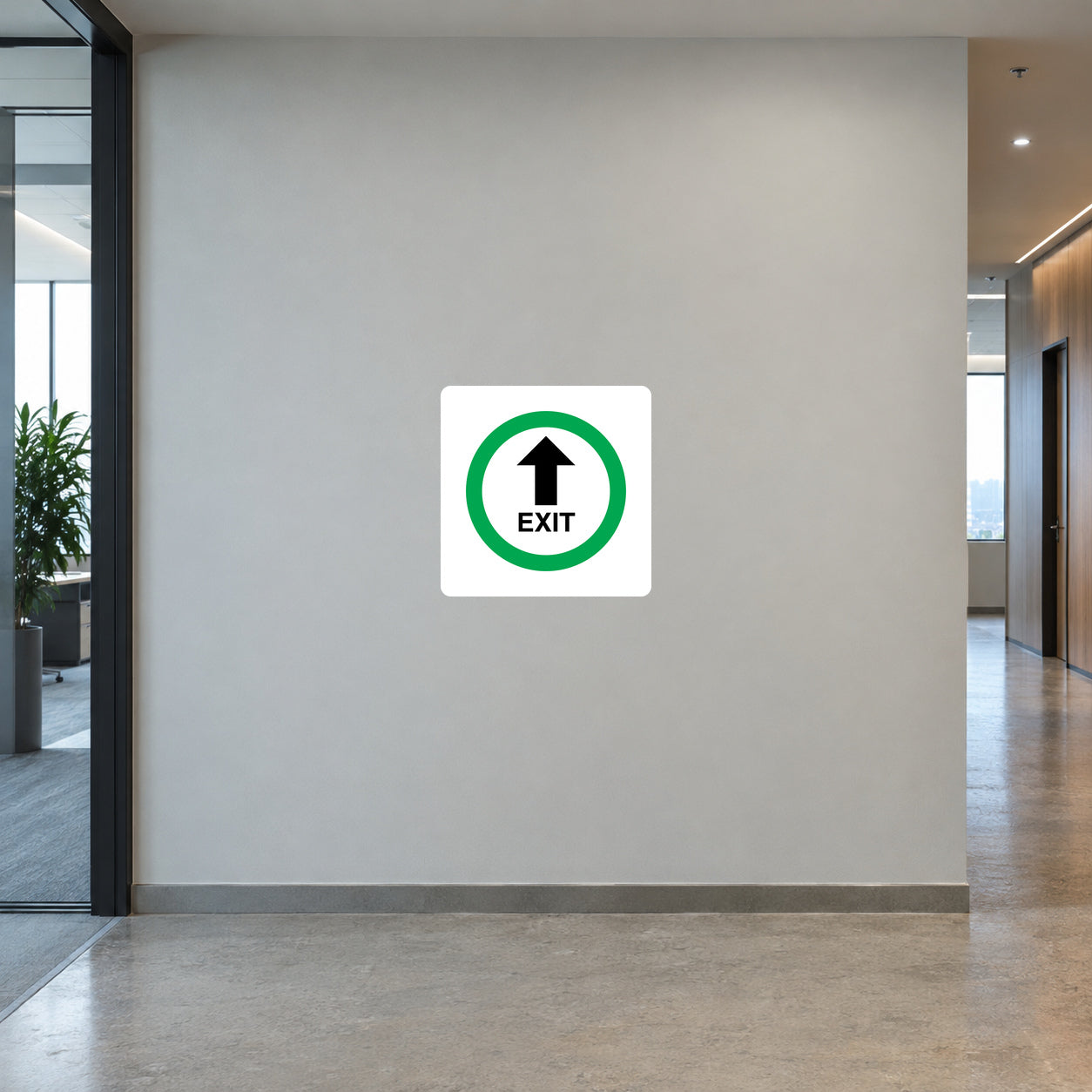 EXIT arrow direction safety sticker, green and black on white square