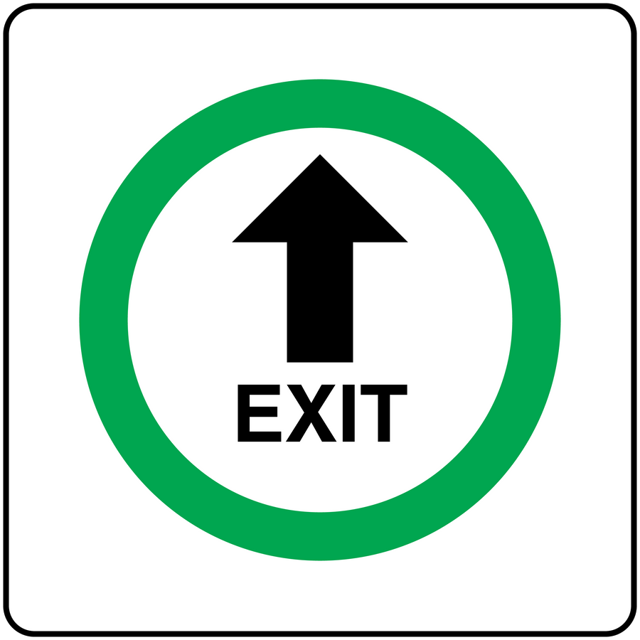 Exit arrow sticker with black up arrow and green circular border, text 'EXIT'.