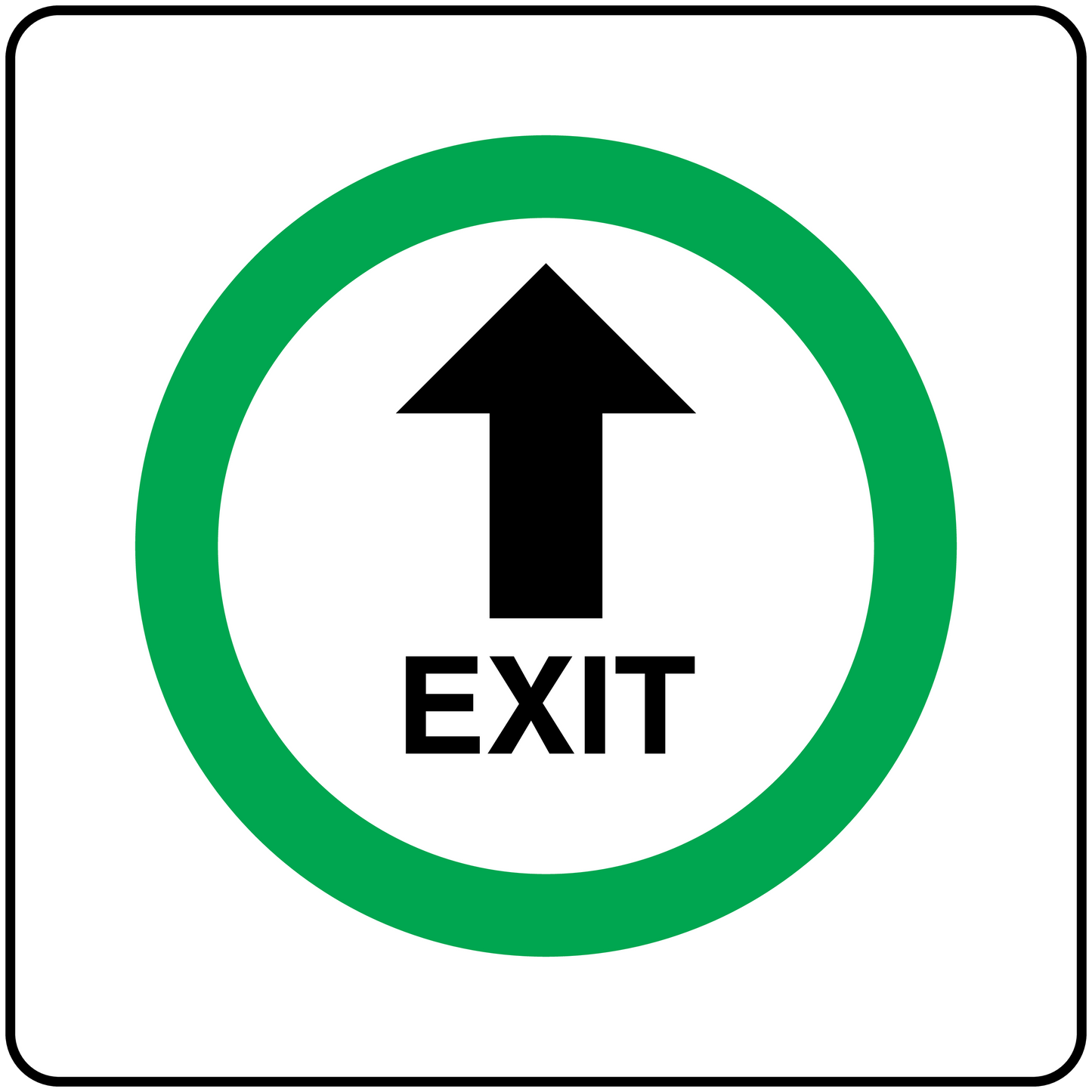 Exit arrow sticker with black up arrow and green circular border, text 'EXIT'.