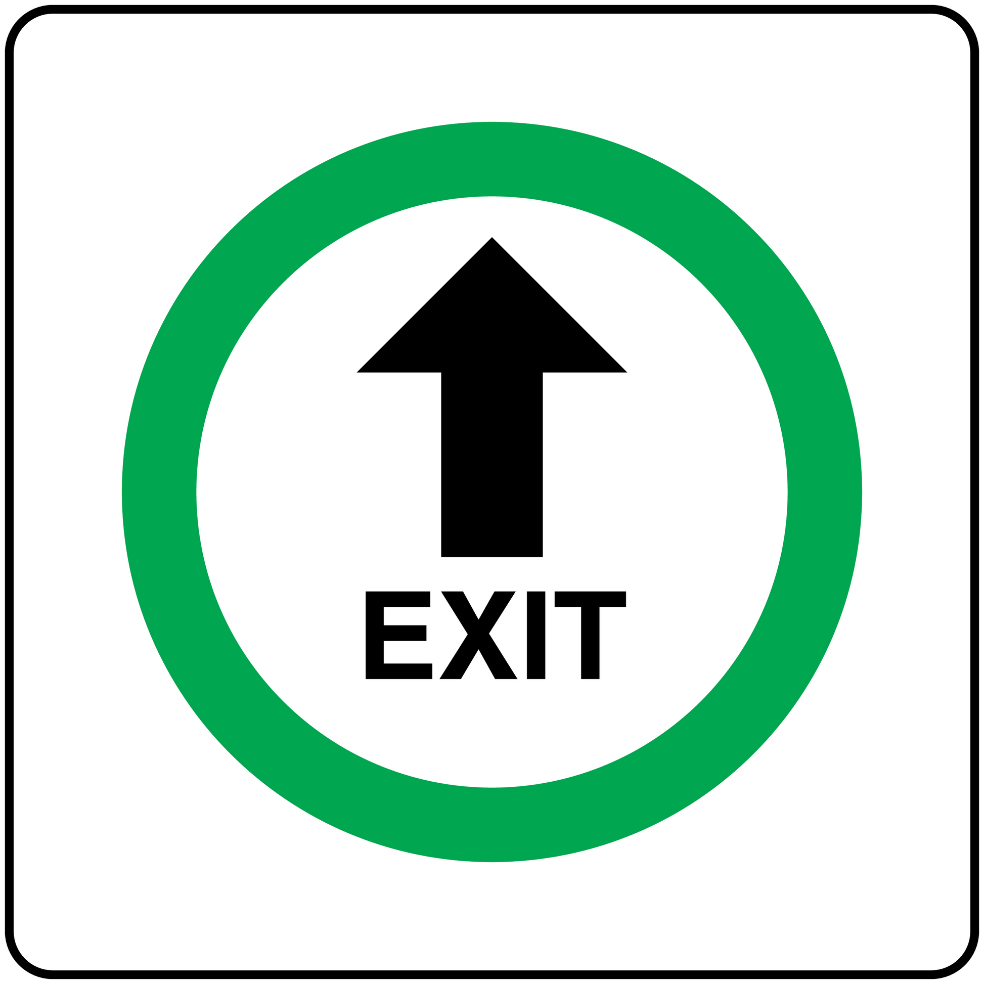 Exit arrow sticker with black up arrow and green circular border, text 'EXIT'.