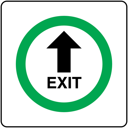 Exit arrow sticker with black up arrow and green circular border, text 'EXIT'.