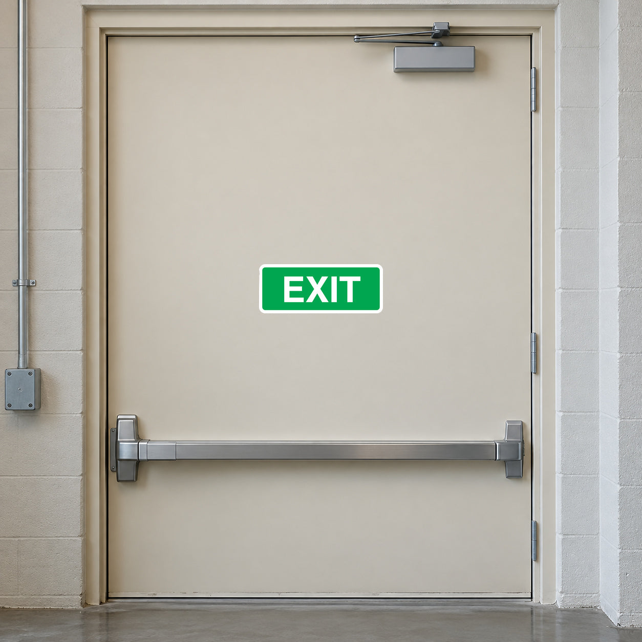 Exit Sticker applied in light industrial emergency exit, solid pale beige door, panic hardware entirely below y80%