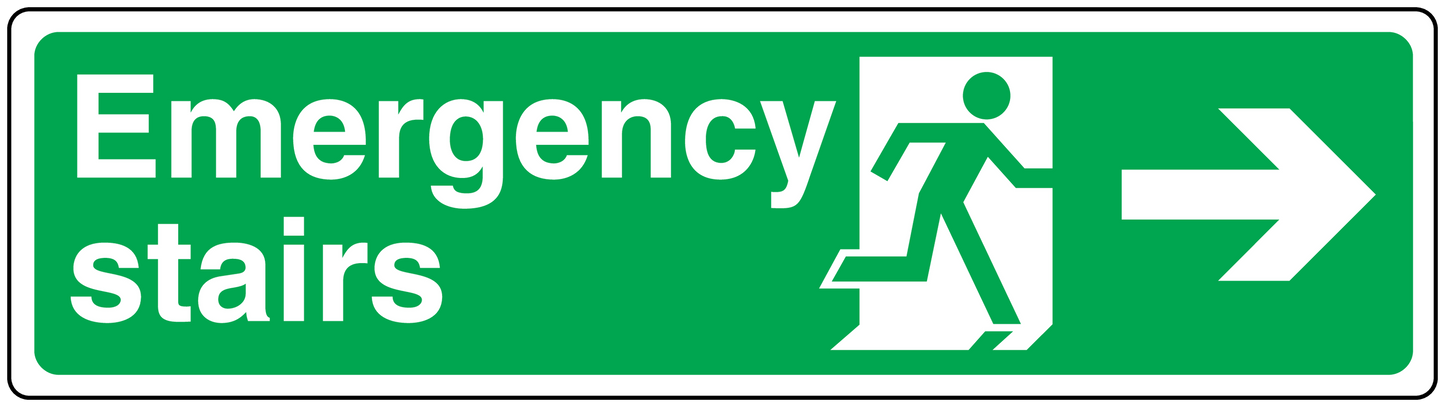 Emergency stairs right direction sticker with running figure and arrow, white on green