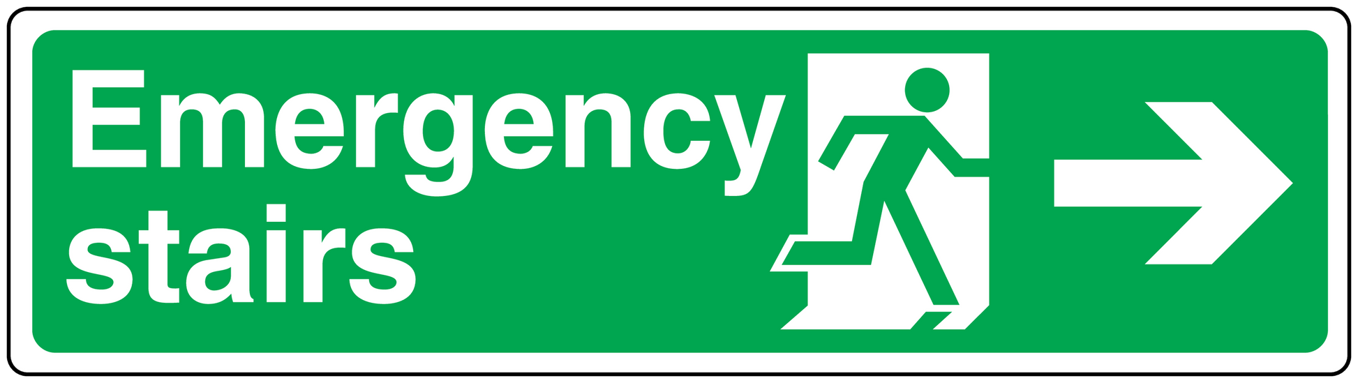 Emergency stairs right direction sticker with running figure and arrow, white on green