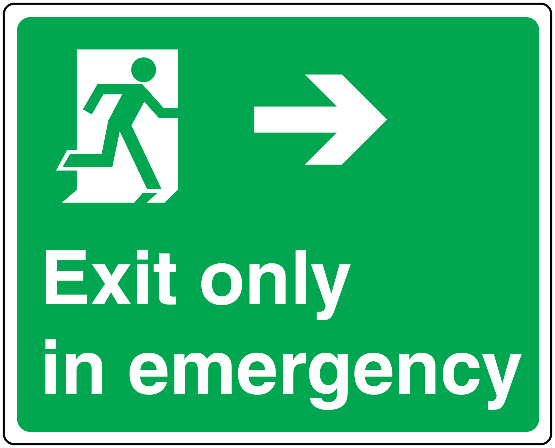 Green exit only in emergency safety sign sticker with running figure and right arrow
