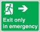 Green exit only in emergency safety sign sticker with running figure and right arrow