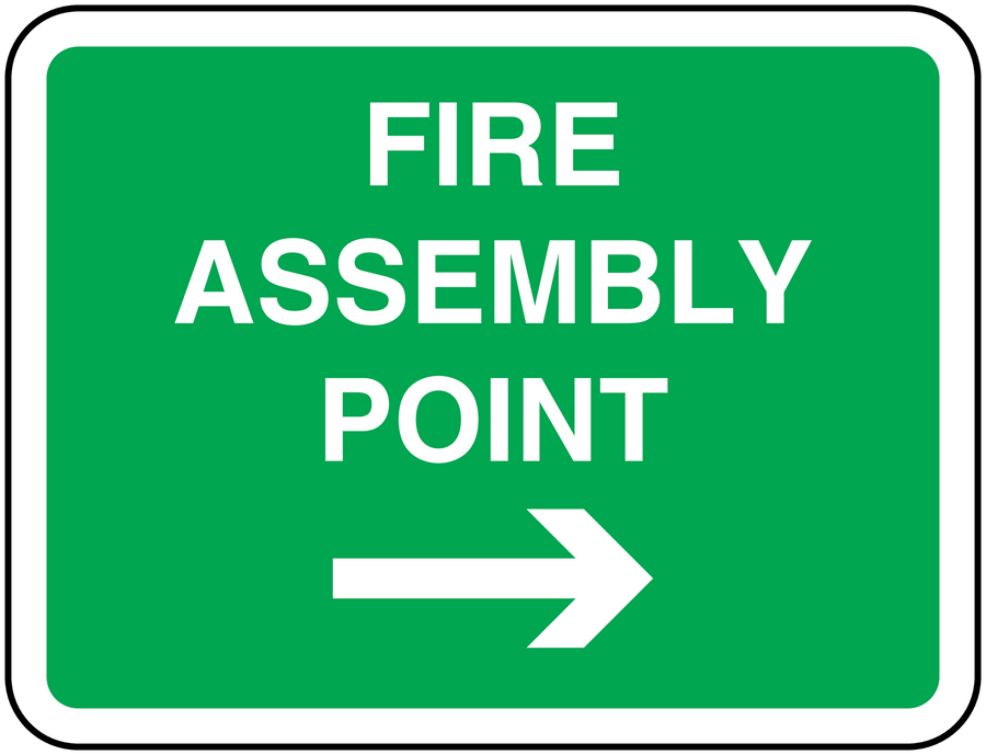 Fire assembly point safety sticker, green with white text and right arrow
