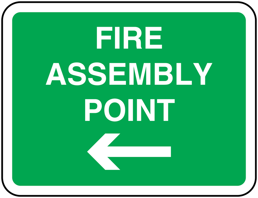 Fire assembly point sticker, green sign with white text and left-pointing arrow