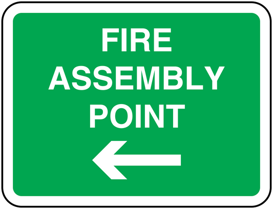 Fire assembly point sticker, green sign with white text and left-pointing arrow