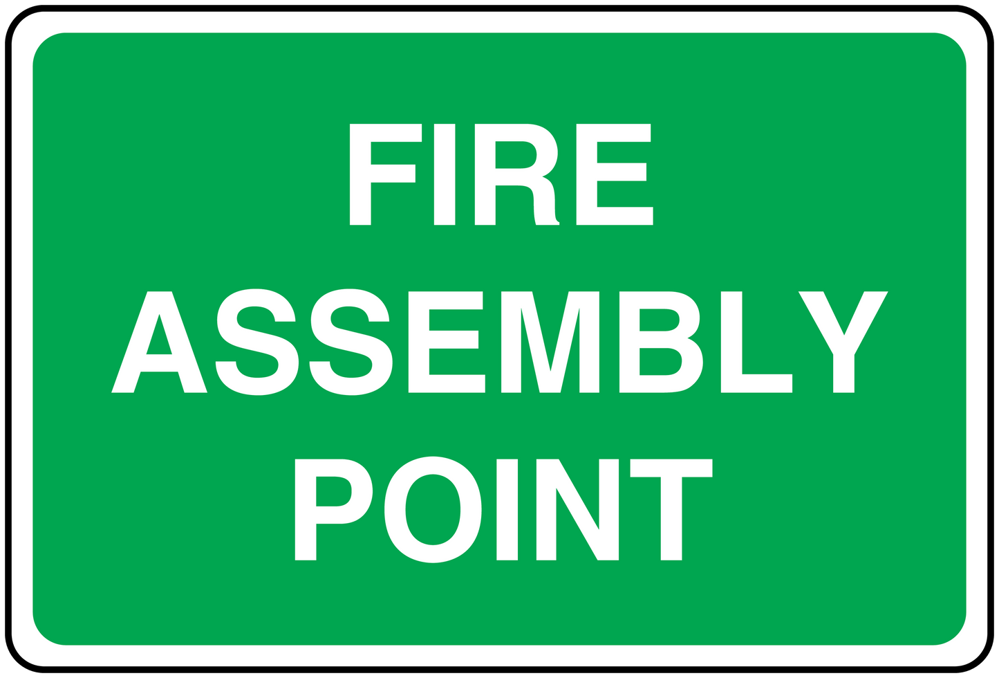 Fire assembly point sticker with white text on green background