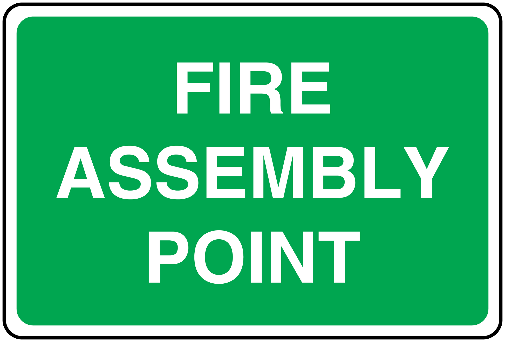 Fire assembly point sticker with white text on green background