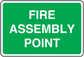 Fire assembly point sticker with white text on green background