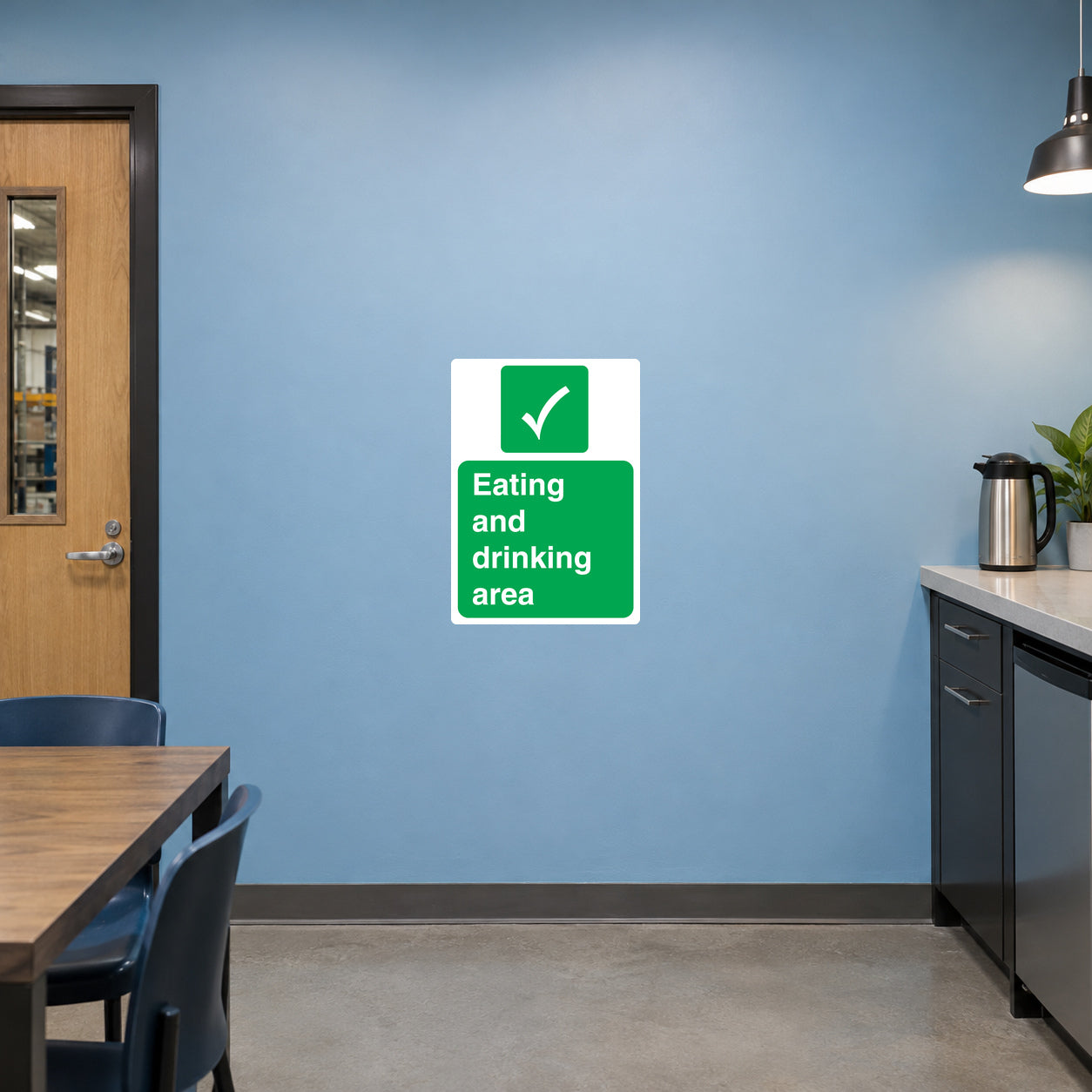Square green wall sticker with checkmark: Eating and drinking area