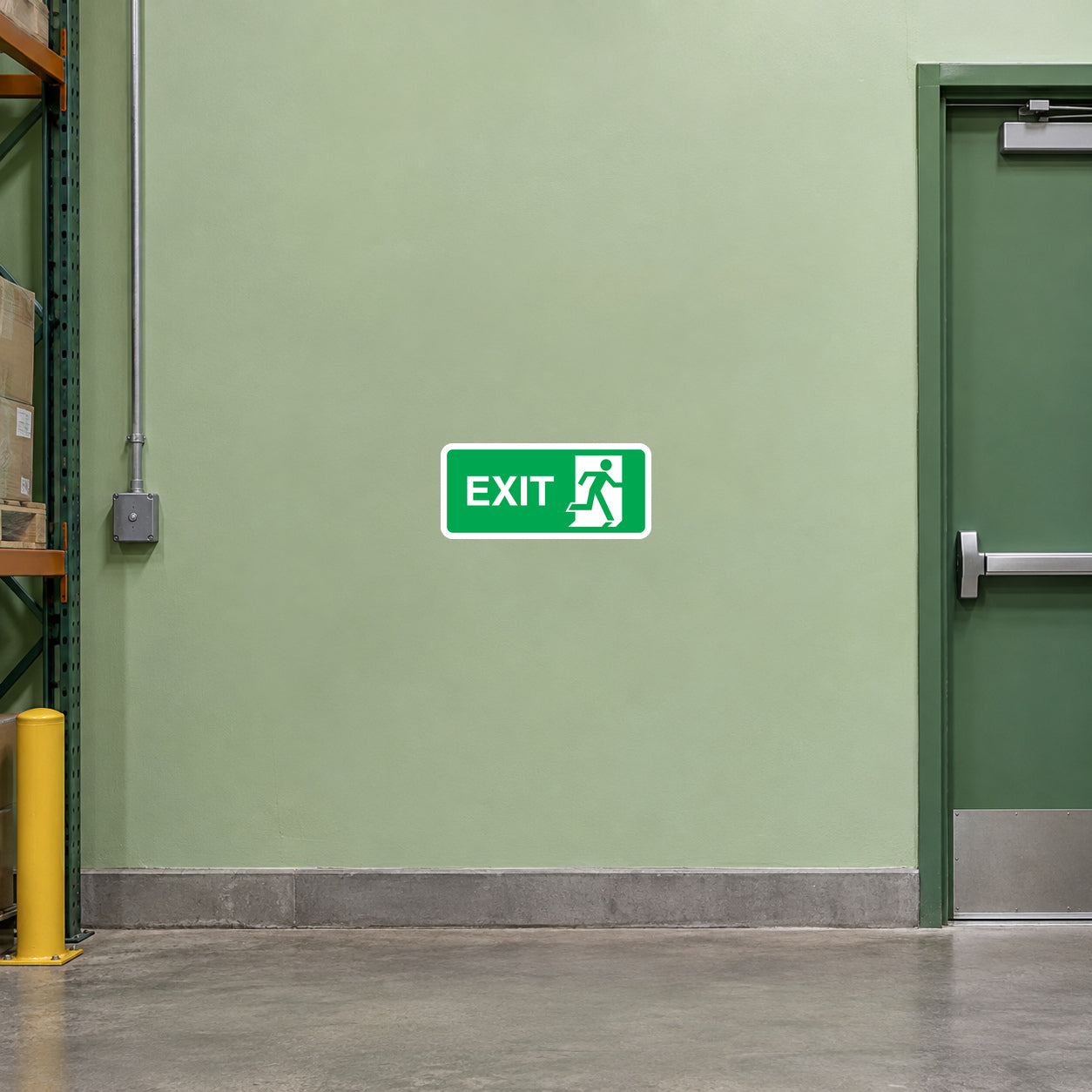 Green exit door sticker with white EXIT text and running person pictogram