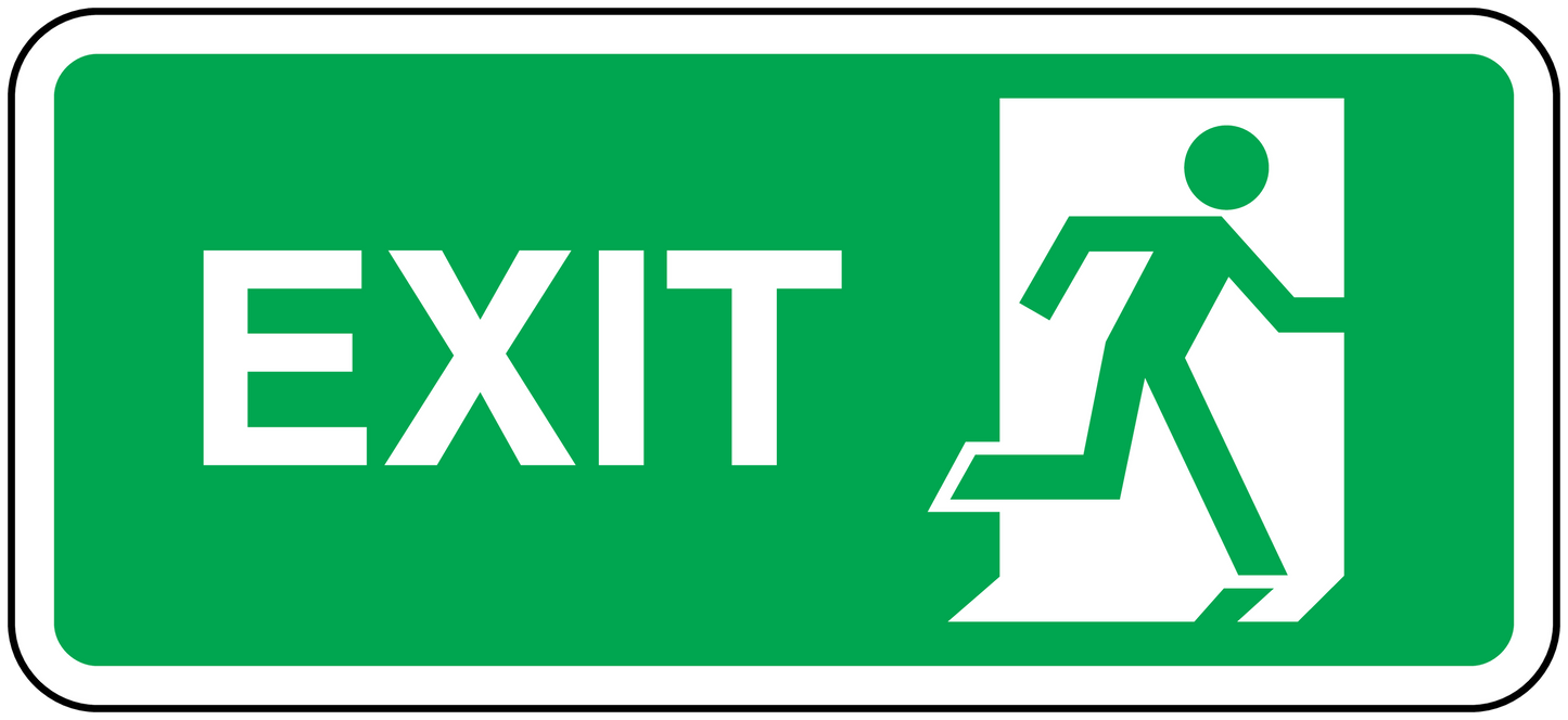 Exit door sticker, green with white EXIT text and running figure pointing right