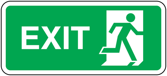 Exit door sticker, green with white EXIT text and running figure pointing right