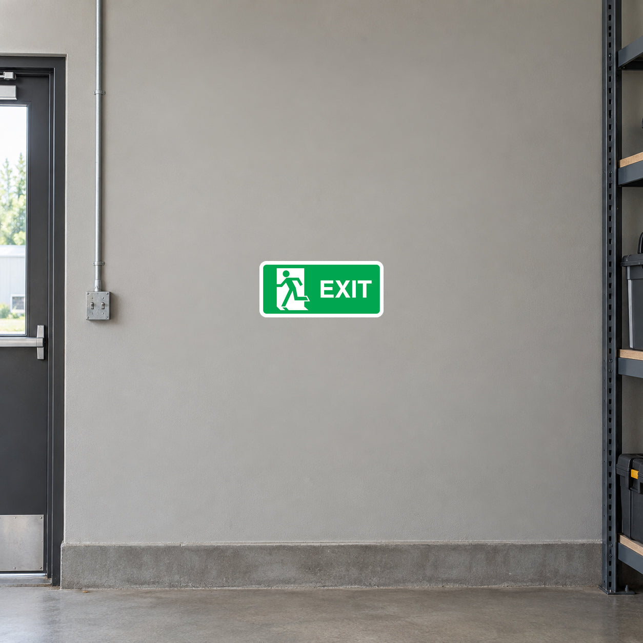 Green exit sign sticker with running figure and EXIT text