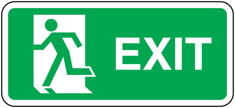 Green exit sticker with white running figure and EXIT lettering