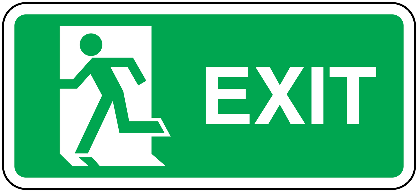 Green exit sticker with white running figure and EXIT lettering