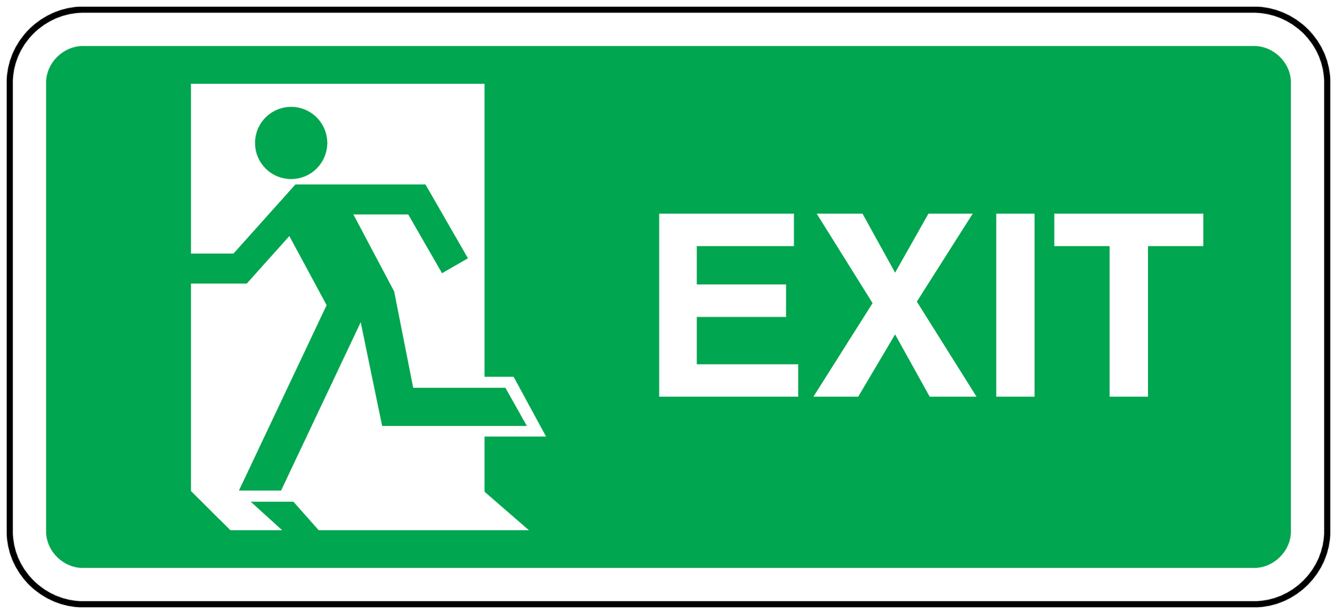 Green exit sticker with white running figure and EXIT lettering