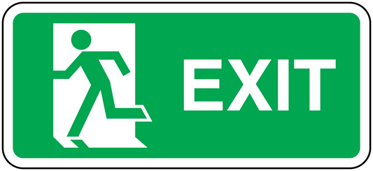 Green exit sticker with white running figure and EXIT lettering