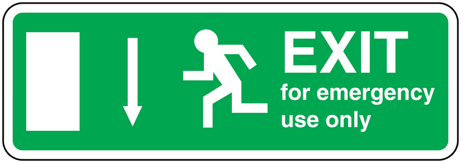 Green emergency exit sticker with white EXIT and arrow figure text 'for emergency use only'